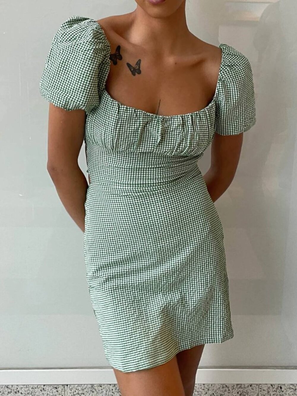 Oak + Fort Oak and Fort Gingham Puff Sleeve Open Back Mini Dress Green & White